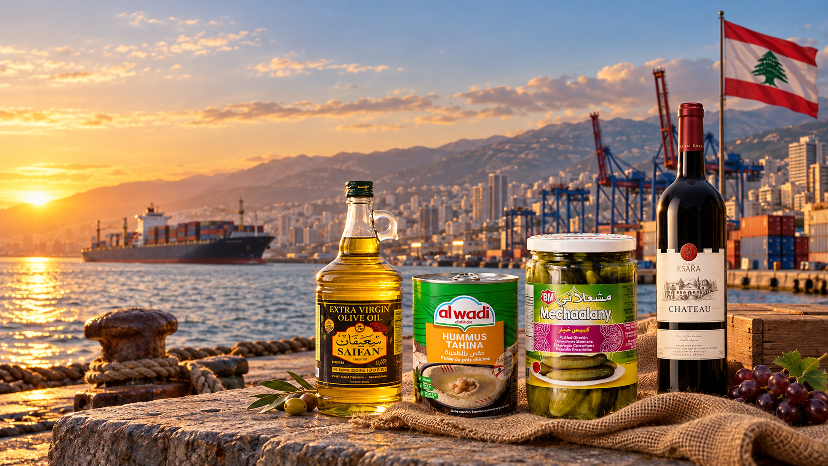 Lebanese export products displayed beside Beirut port with the Lebanese flag, cargo ship, and waterfront at sunset